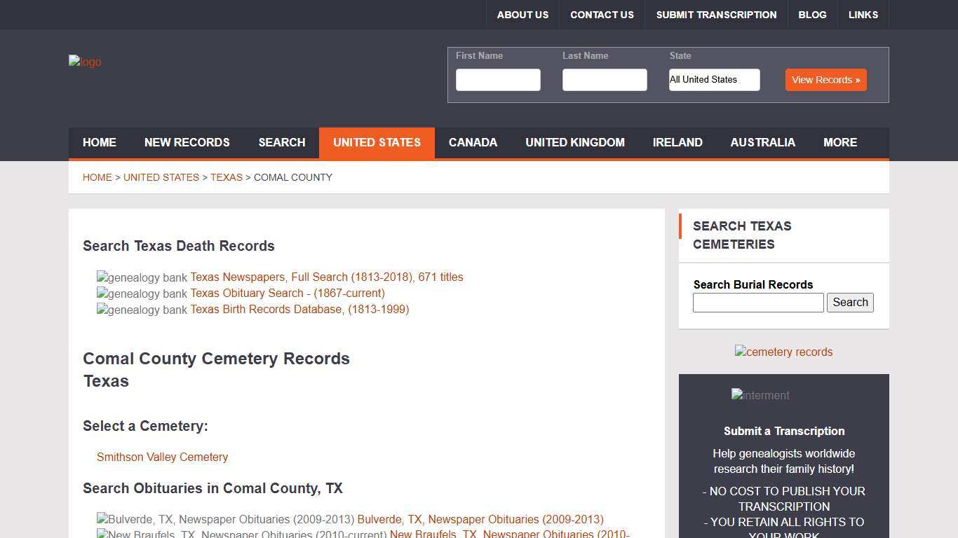 Comal County, Texas Cemetery Records Genealogy