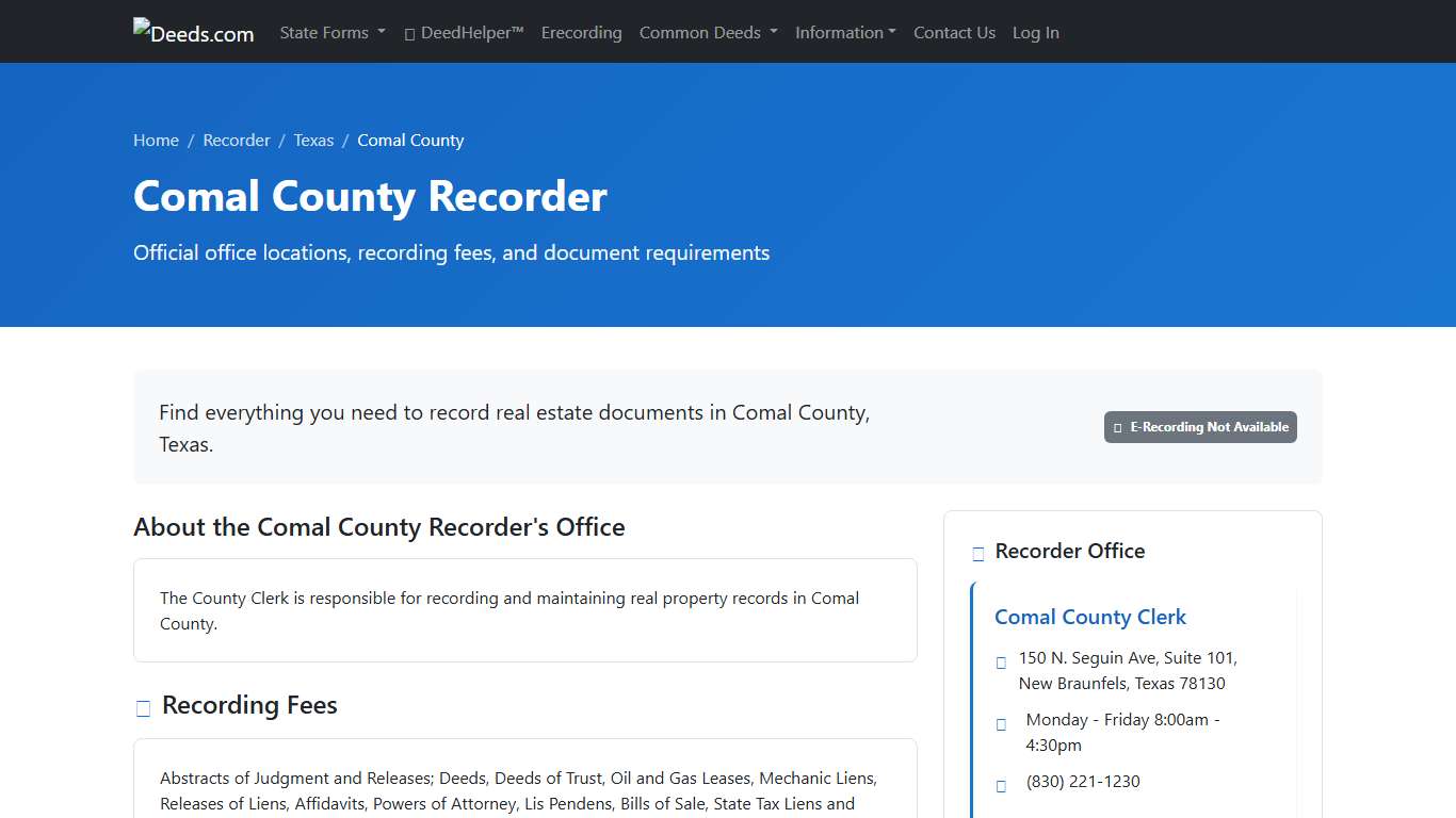 Comal County Recorder Information, Texas - Deeds.com